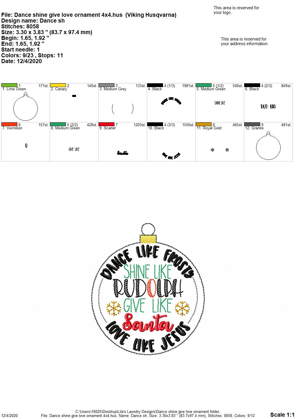 Dance shine give love Ornament - Digital Embroidery Design