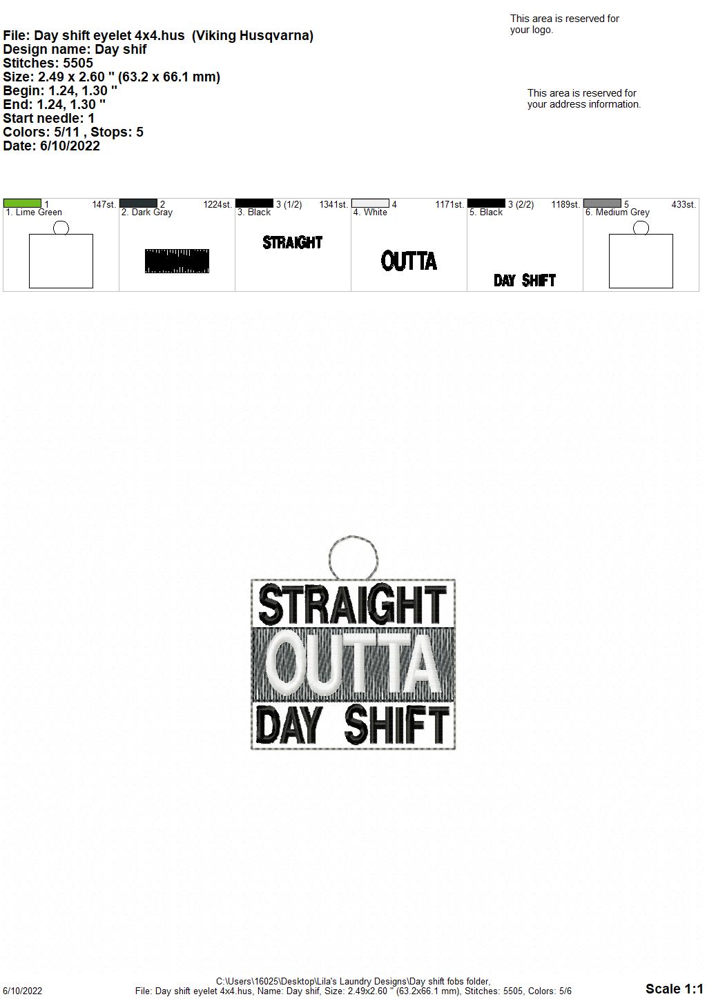 Day Shift Fobs - DIGITAL Embroidery DESIGN