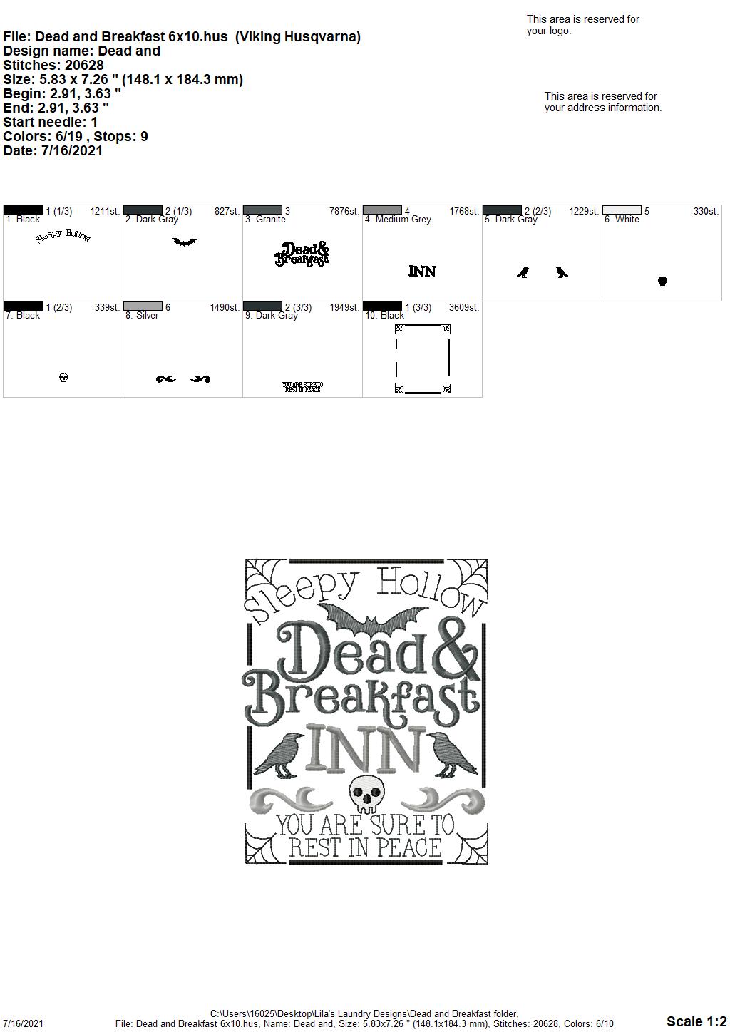 Dead and Breakfast - 3 sizes- Digital Embroidery Design