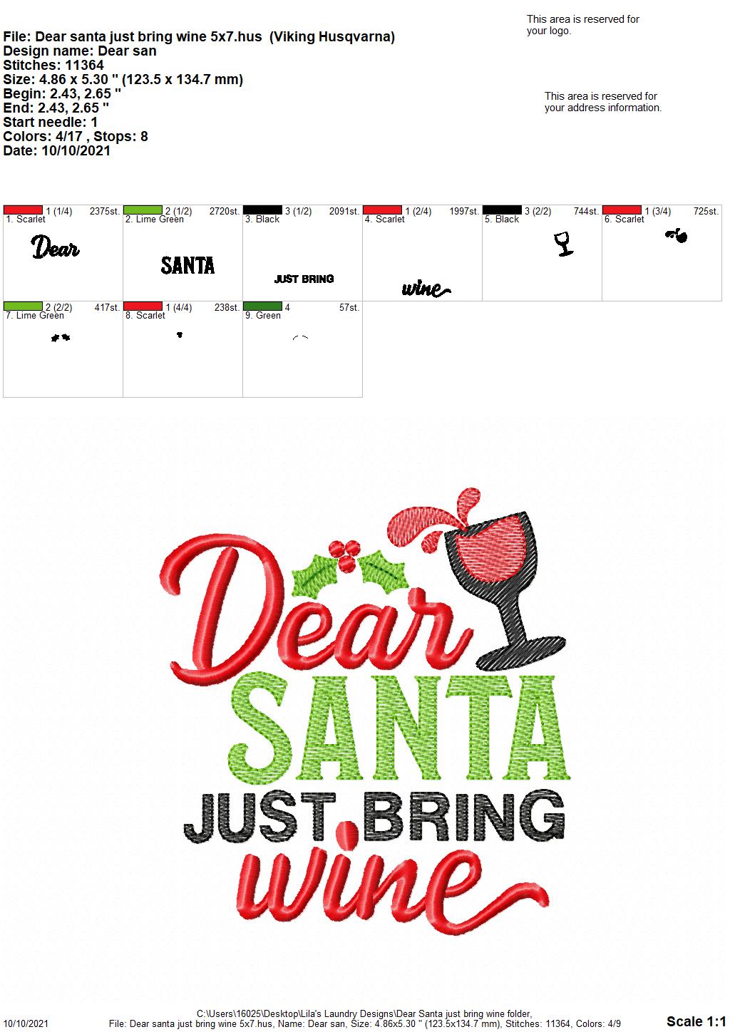Dear Santa Just Bring Wine - 4 sizes- Digital Embroidery Design