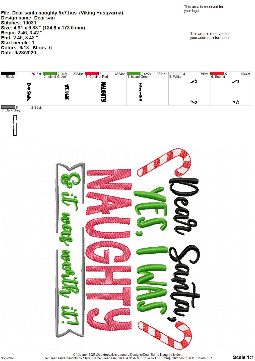 Dear Santa, yes, I was naughty - 2 Sizes - Digital Embroidery Design