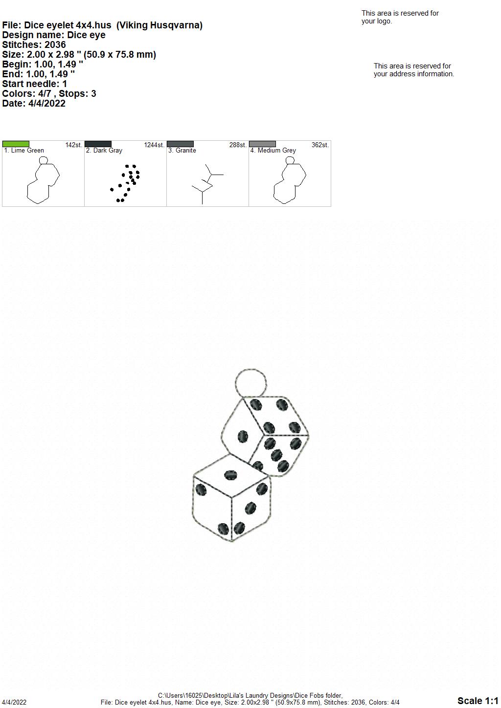 Dice Fobs - DIGITAL Embroidery DESIGN