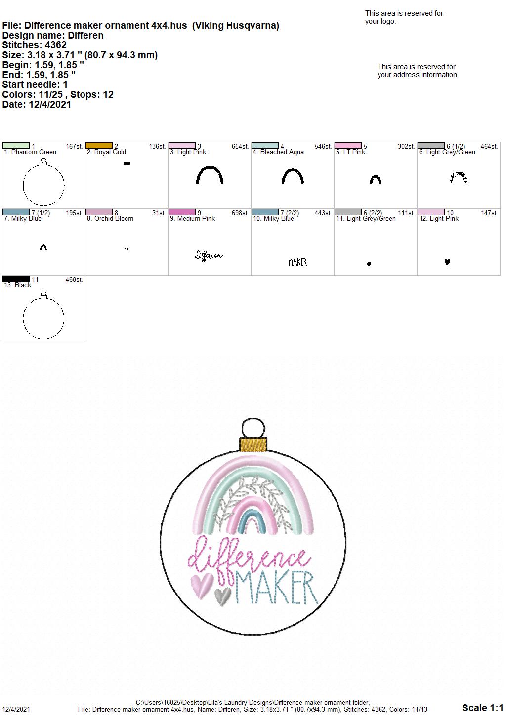 Difference Maker Ornament - Digital Embroidery Design