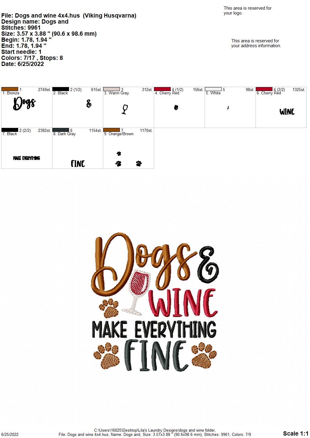 Dogs & Wine - 4 sizes- Digital Embroidery Design