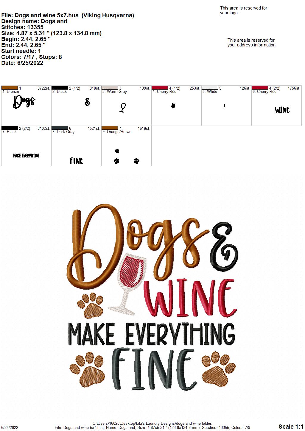 Dogs & Wine - 4 sizes- Digital Embroidery Design