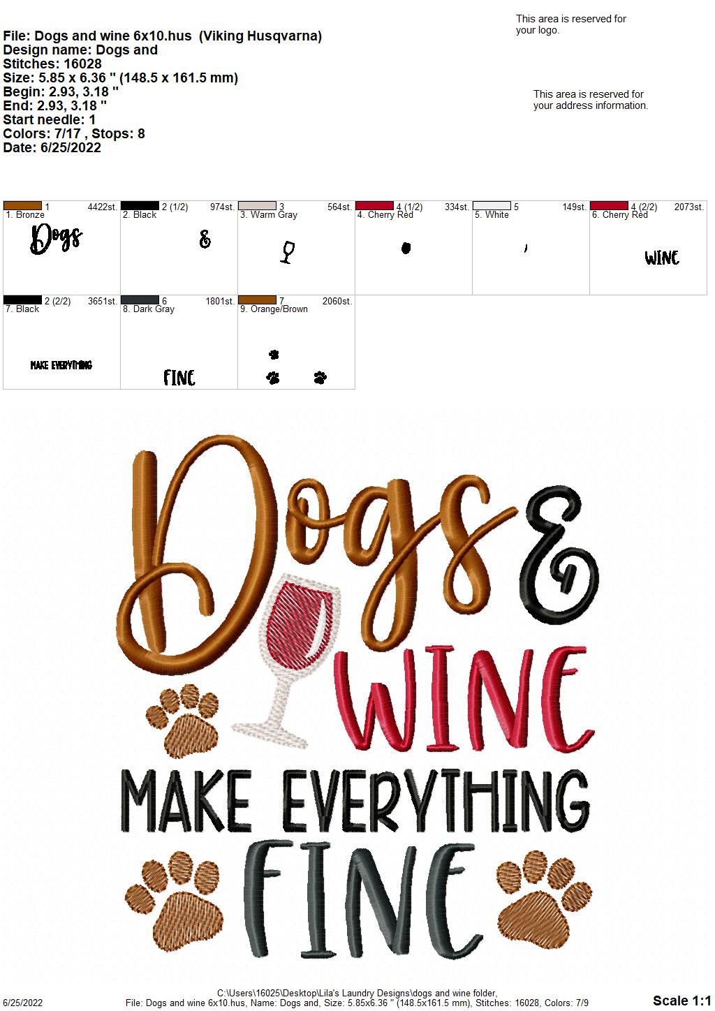 Dogs & Wine - 4 sizes- Digital Embroidery Design