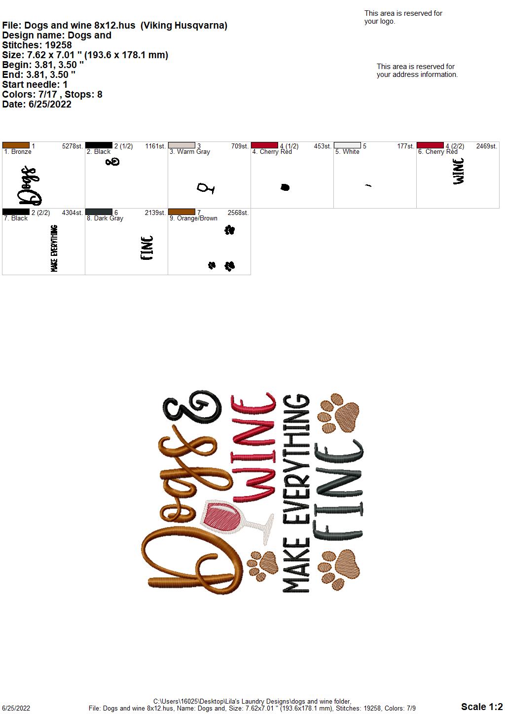 Dogs & Wine - 4 sizes- Digital Embroidery Design