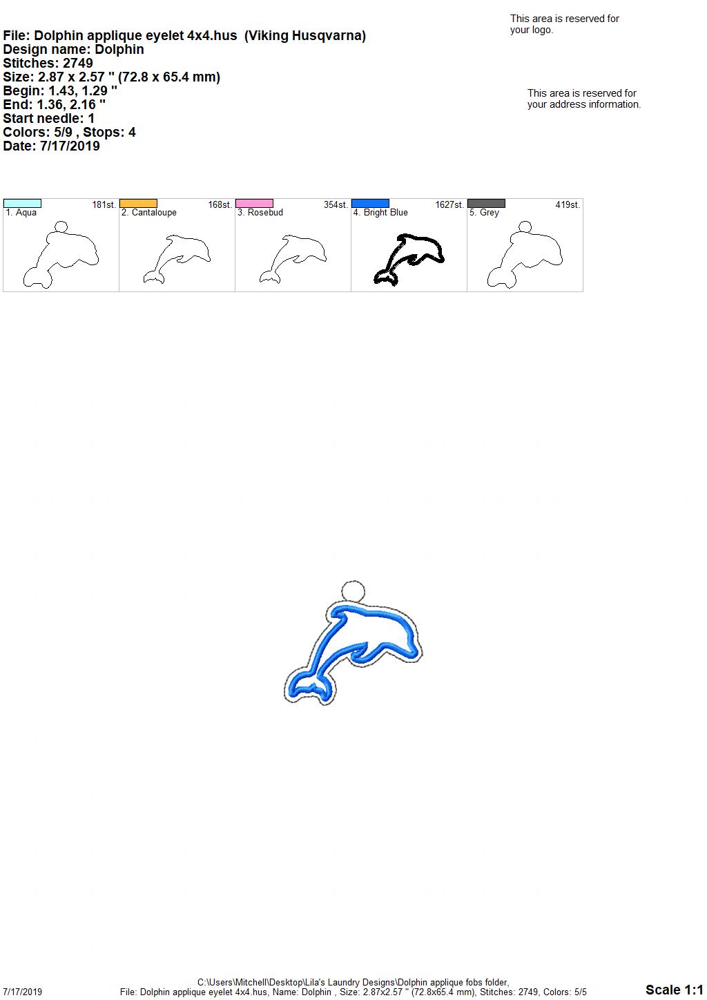 Dolphin Applique Fobs - DIGITAL Embroidery DESIGN