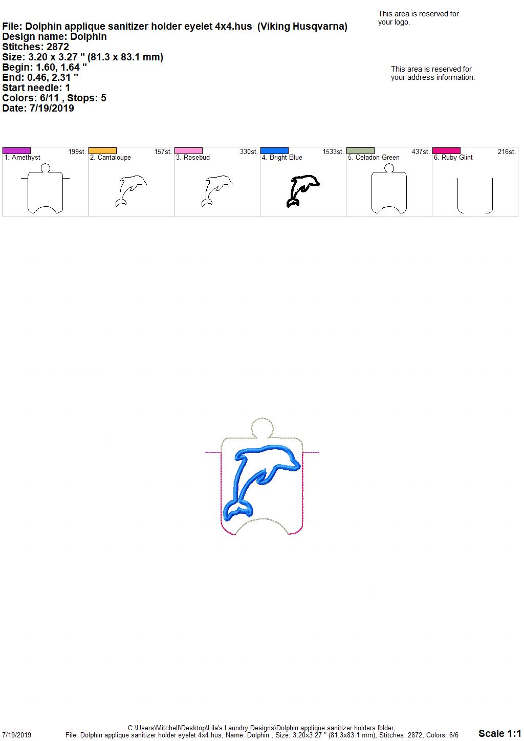 Dolphin Applique Sanitizer Holder - DIGITAL Embroidery DESIGN