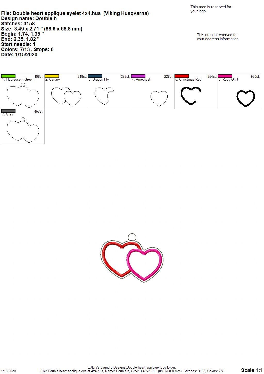 Double Heart Applique Fobs -  DIGITAL Embroidery DESIGN
