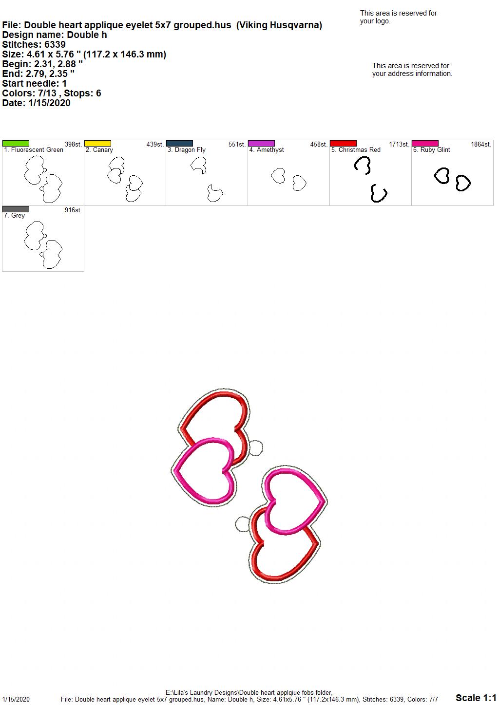 Double Heart Applique Fobs -  DIGITAL Embroidery DESIGN