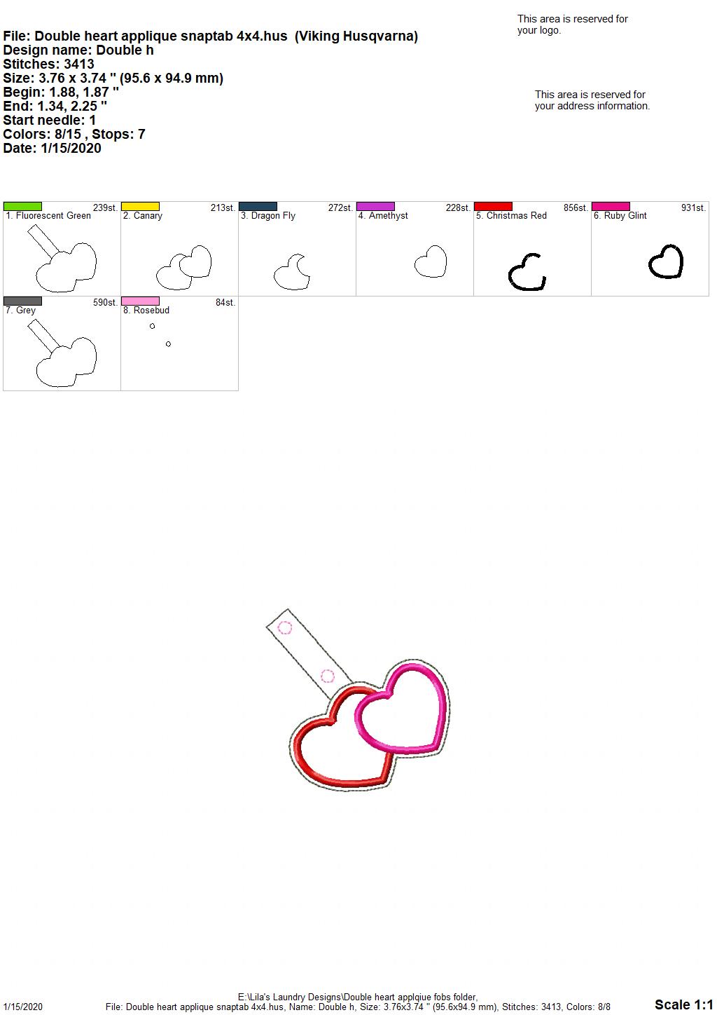 Double Heart Applique Fobs -  DIGITAL Embroidery DESIGN