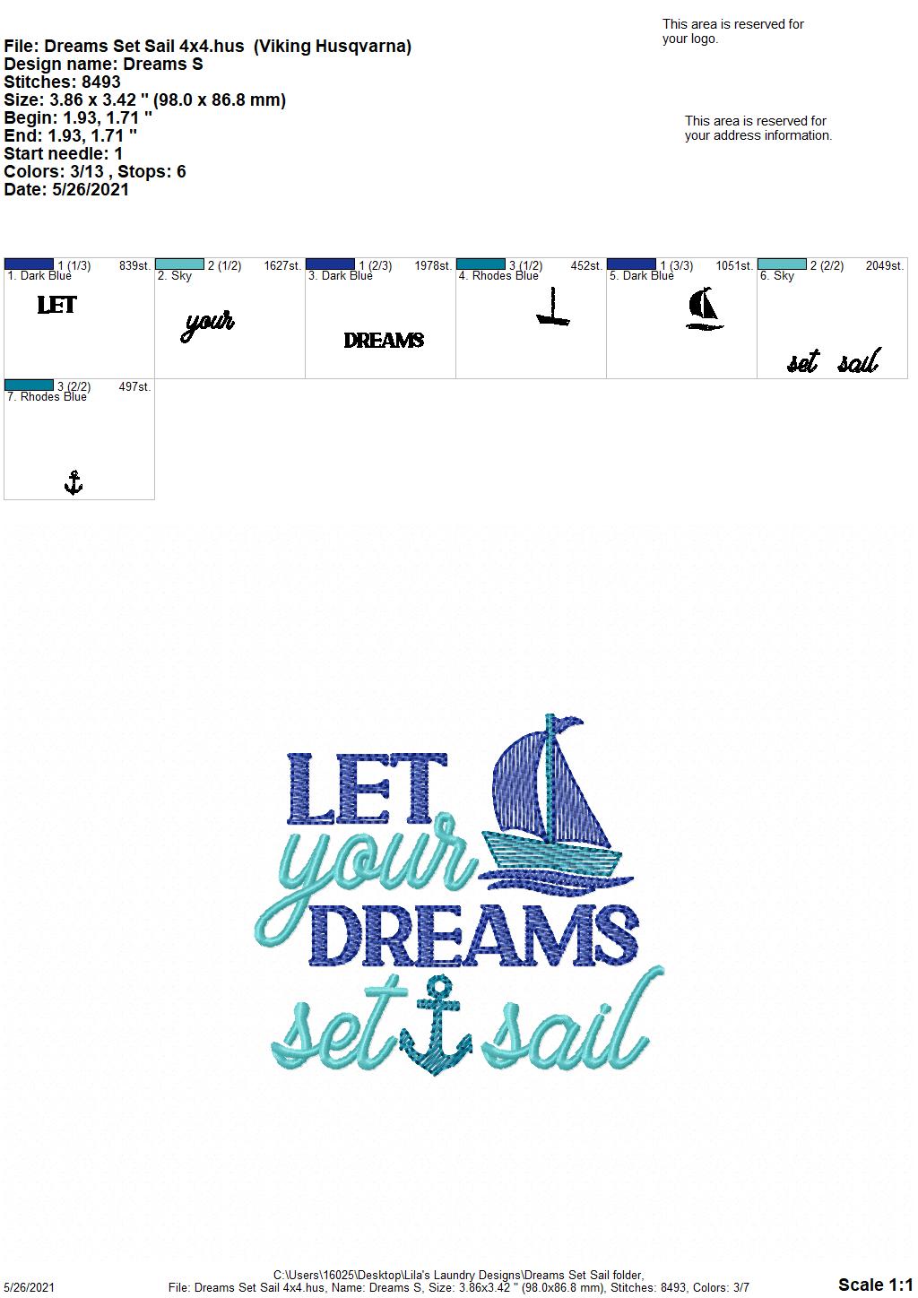 Dreams Set Sail - 4 sizes- Digital Embroidery Design