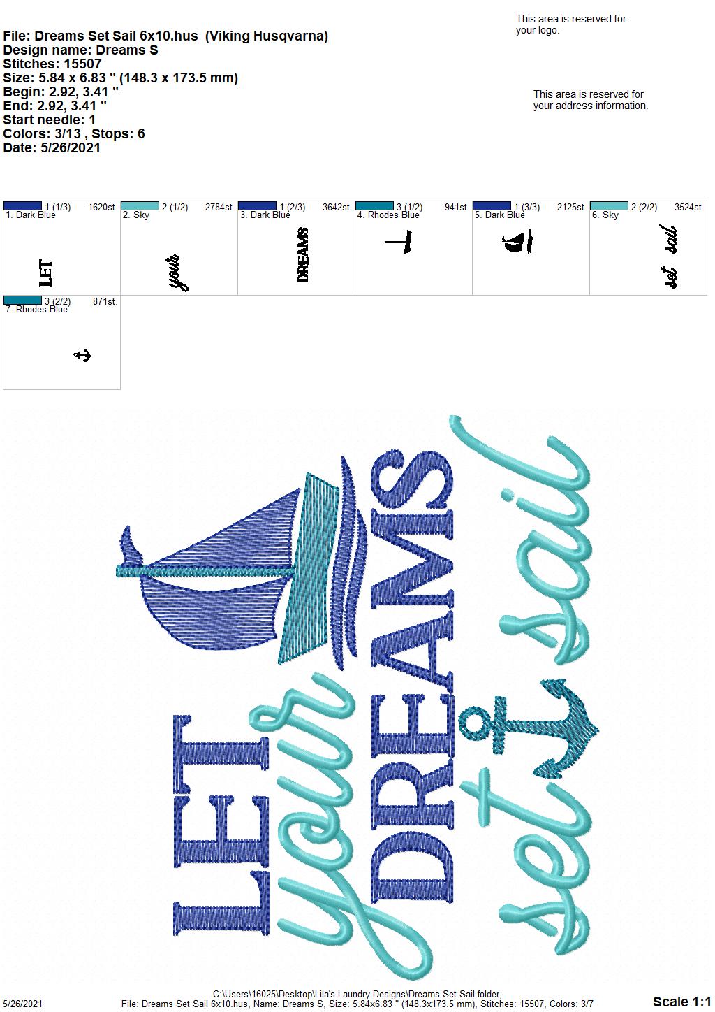 Dreams Set Sail - 4 sizes- Digital Embroidery Design