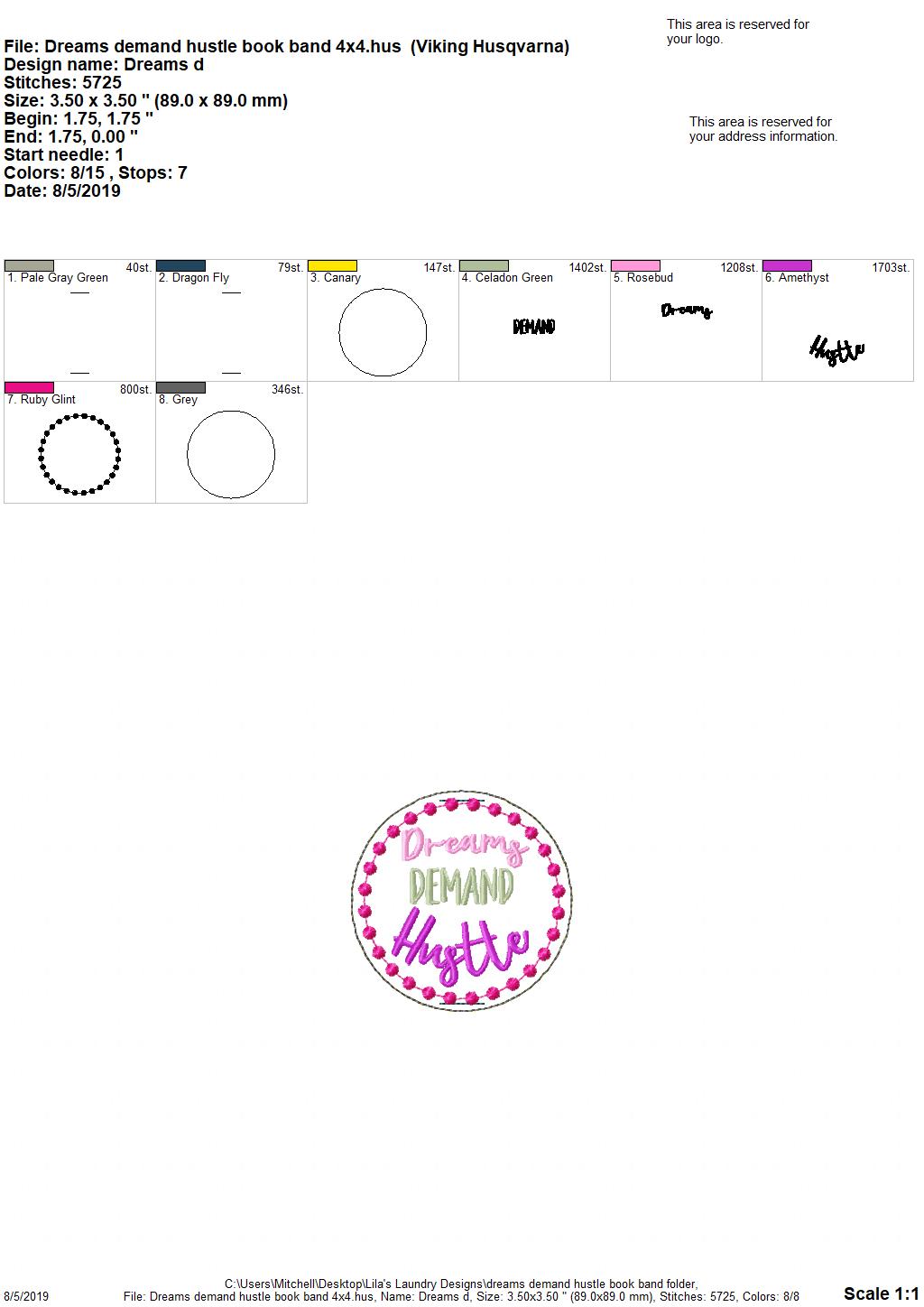 Dreams Demand Hustle Book Band - Digital Embroidery Design