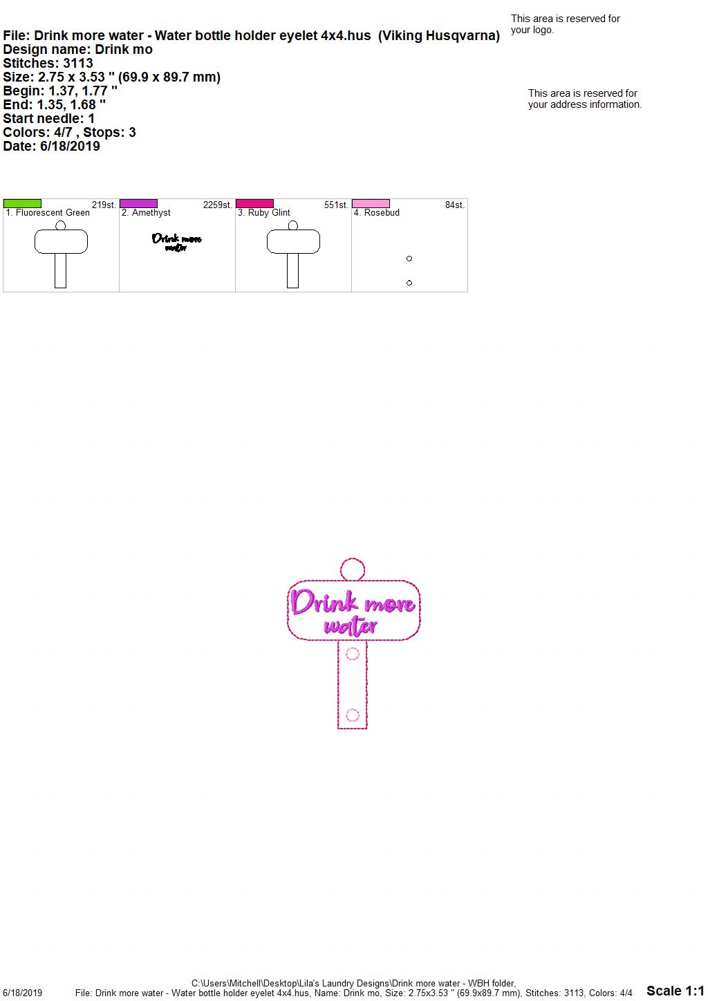 Drink More Water - Water Bottle Holders - DIGITAL Embroidery DESIGN