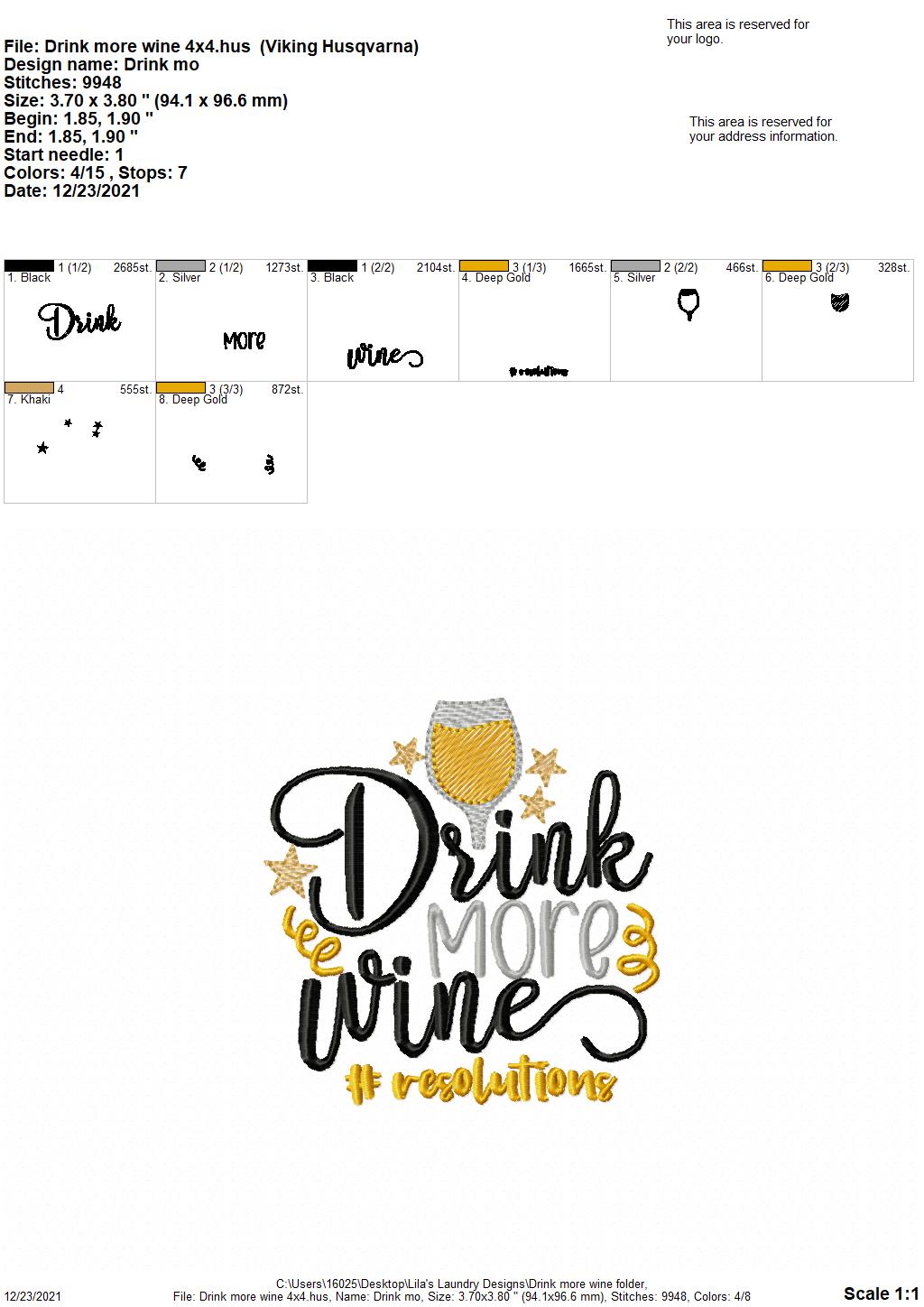 Drink More Wine - 4 sizes- Digital Embroidery Design