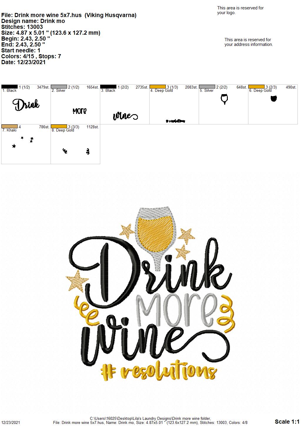 Drink More Wine - 4 sizes- Digital Embroidery Design
