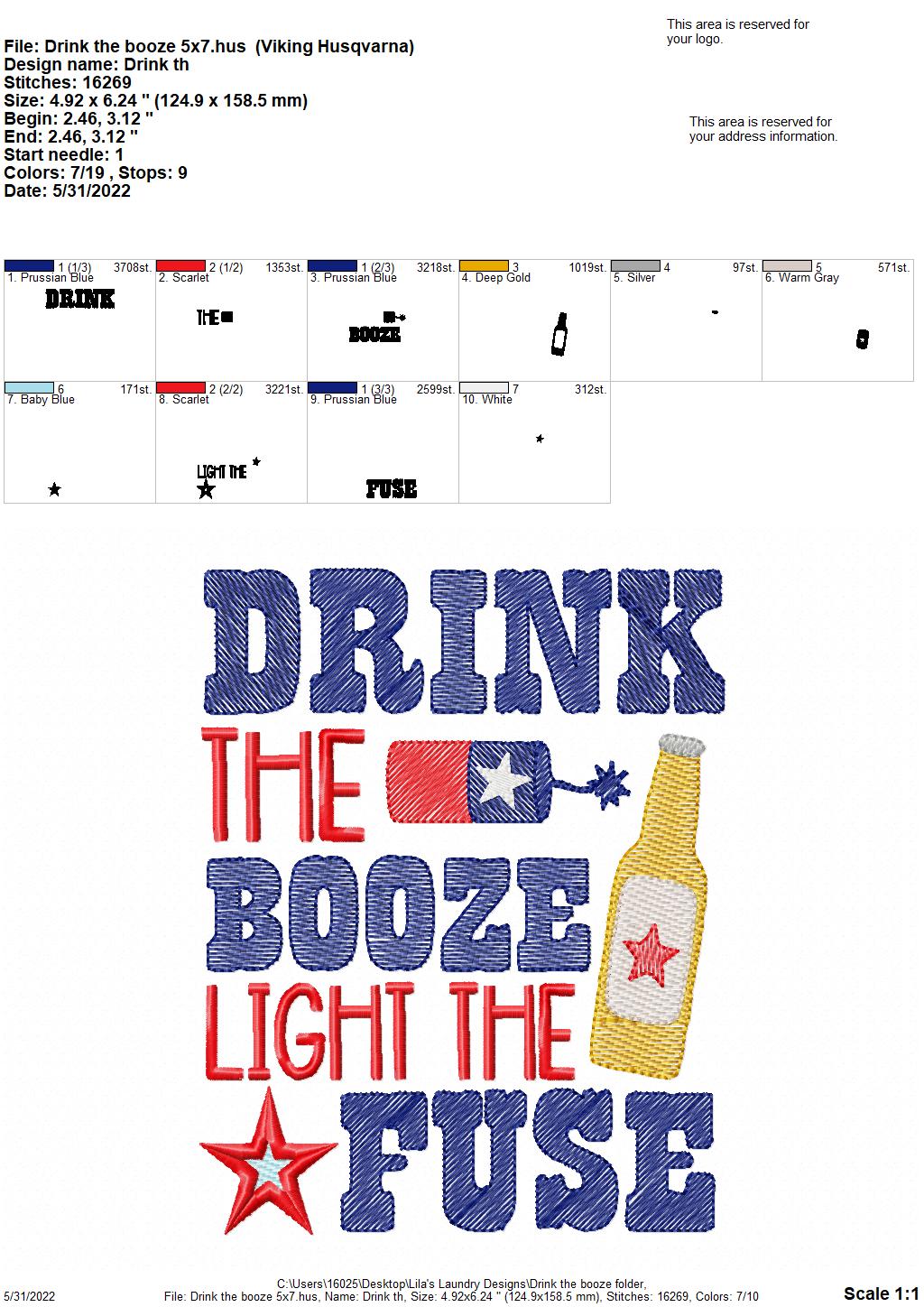 Drink the Booze - 3 sizes- Digital Embroidery Design