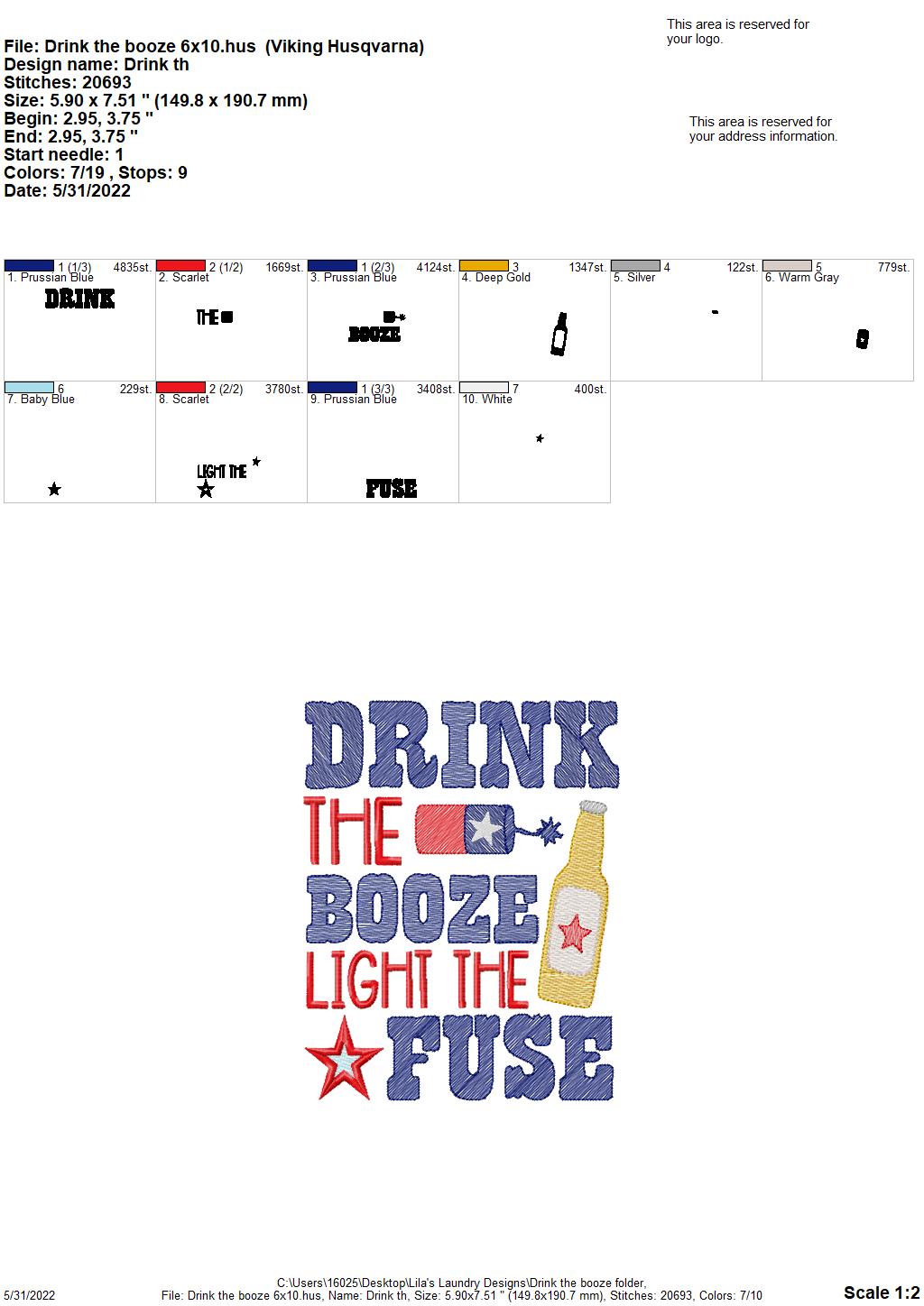 Drink the Booze - 3 sizes- Digital Embroidery Design