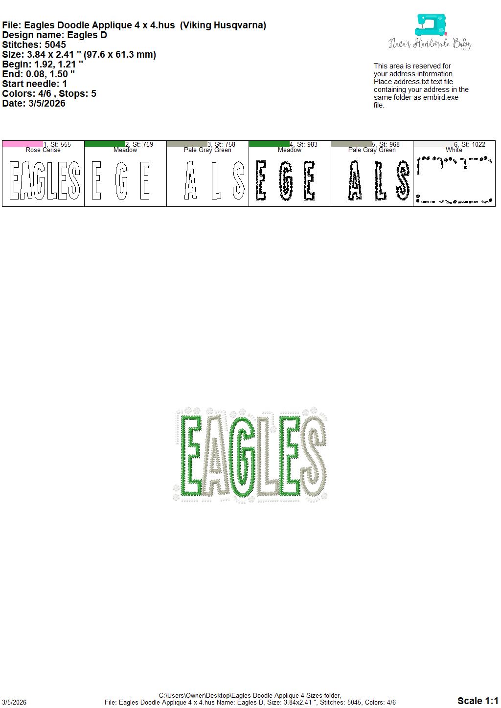 Eagles Doodle Font Applique – 4 x 4, 5 x 7, 6 x 10 and 8 x 12 – DIGITAL Embroidery Design