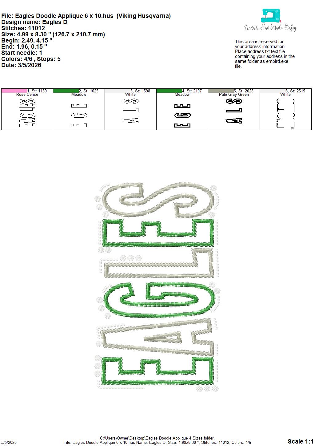 Eagles Doodle Font Applique – 4 x 4, 5 x 7, 6 x 10 and 8 x 12 – DIGITAL Embroidery Design