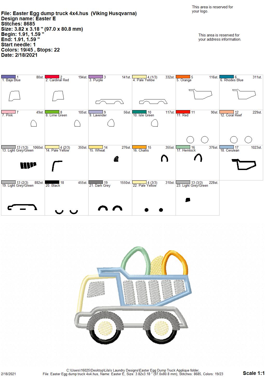 Easter Egg Dump Truck Applique - 3 sizes- Digital Embroidery Design