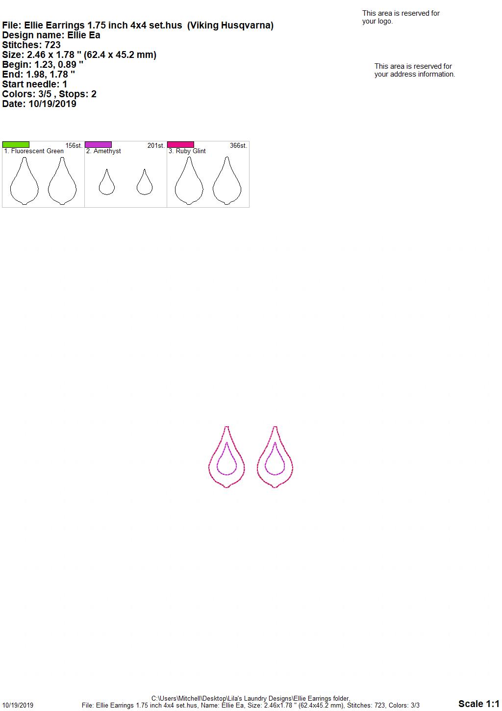 Ellie Earrings - 3 sizes - 4x4 and 5x7 Grouped- Digital Embroidery Design