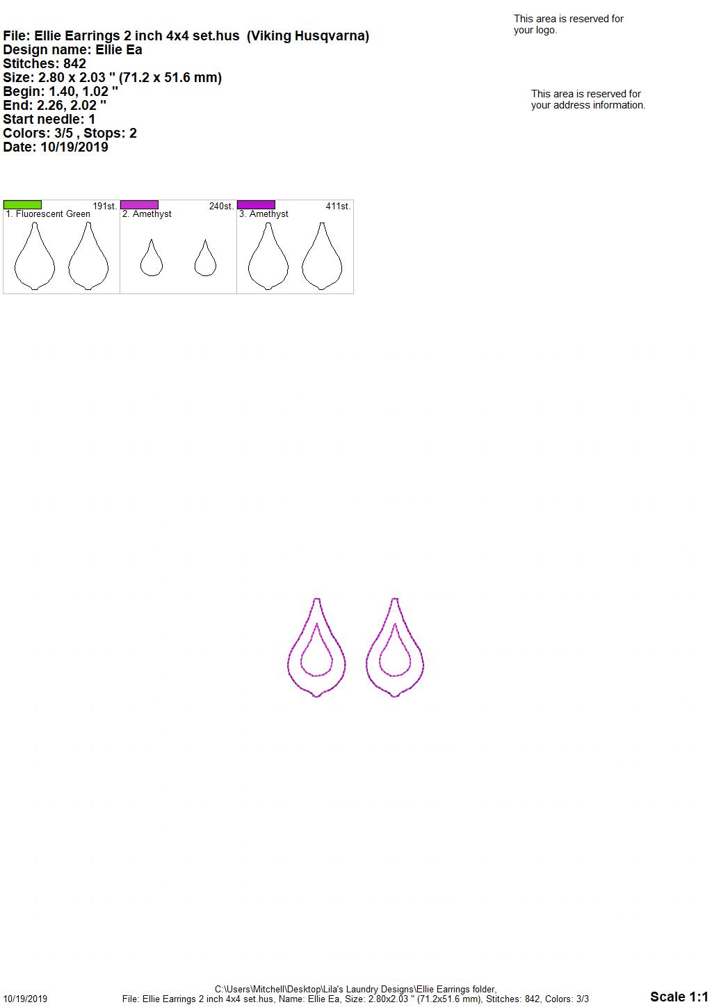 Ellie Earrings - 3 sizes - 4x4 and 5x7 Grouped- Digital Embroidery Design
