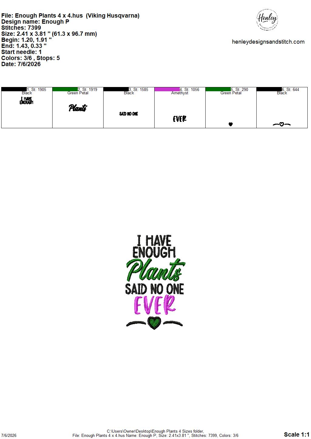 Enough Plants – 4 x 4, 5 x 7, 6 x 10 and 8 x 12 – DIGITAL Embroidery Design
