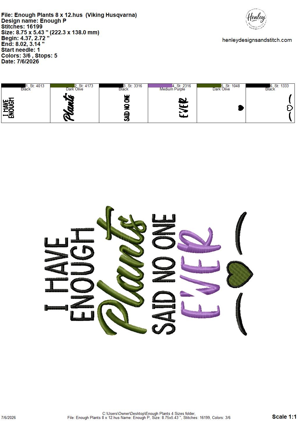 Enough Plants – 4 x 4, 5 x 7, 6 x 10 and 8 x 12 – DIGITAL Embroidery Design