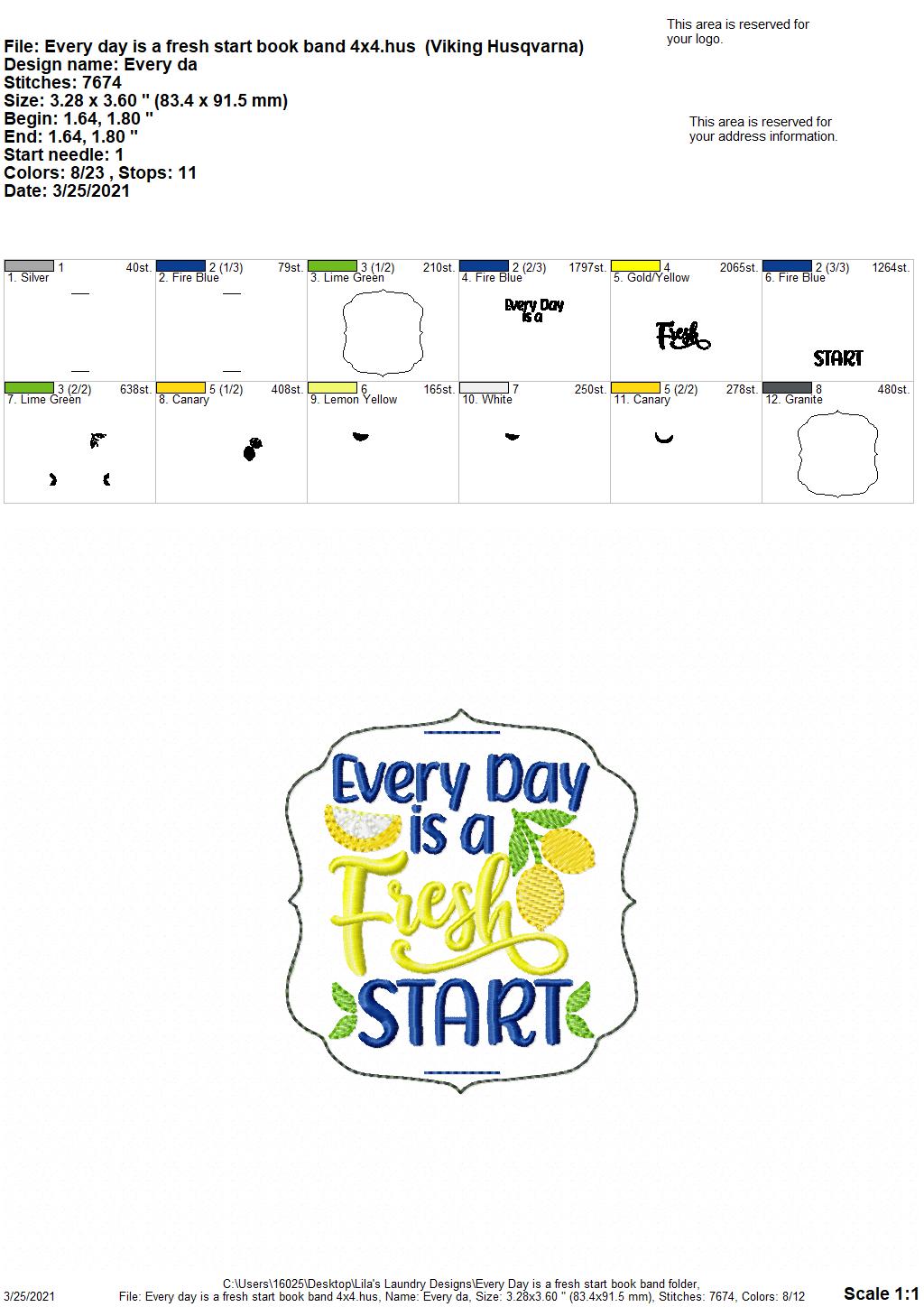 Every Day is a Fresh Start Book Band - Embroidery Design, Digital File