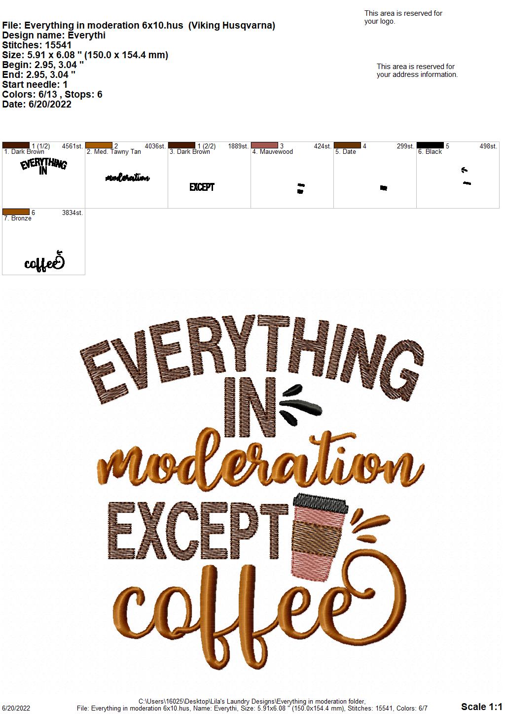 Everything in Moderation - 3 sizes- Digital Embroidery Design