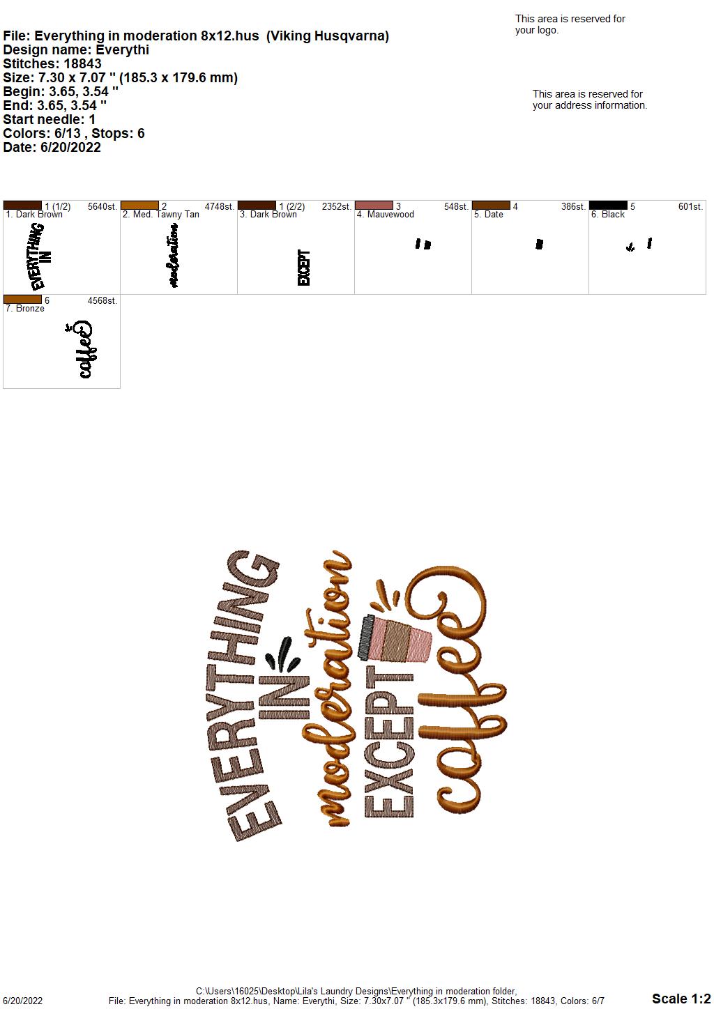 Everything in Moderation - 3 sizes- Digital Embroidery Design