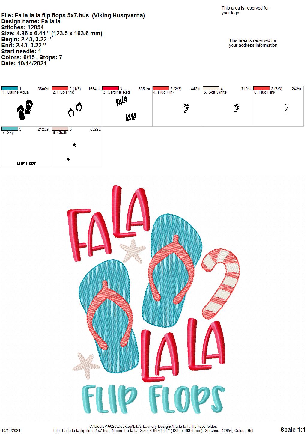 Fa La La La Flip Flops - 3 sizes- Digital Embroidery Design
