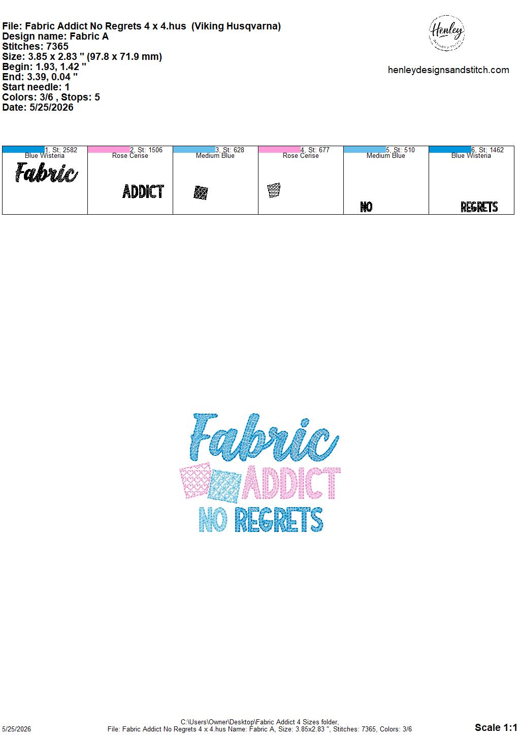 Sketch Fabric Addict - No Regrets - 4 x 4, 5 x 7, 6 x 10 and 8 x 12 - DIGITAL Embroidery Design