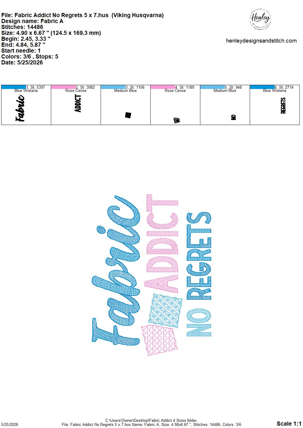Sketch Fabric Addict - No Regrets - 4 x 4, 5 x 7, 6 x 10 and 8 x 12 - DIGITAL Embroidery Design