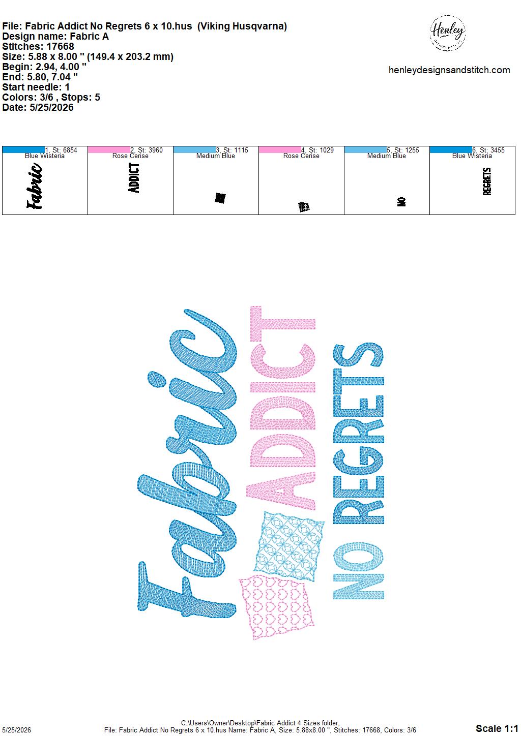 Sketch Fabric Addict - No Regrets - 4 x 4, 5 x 7, 6 x 10 and 8 x 12 - DIGITAL Embroidery Design