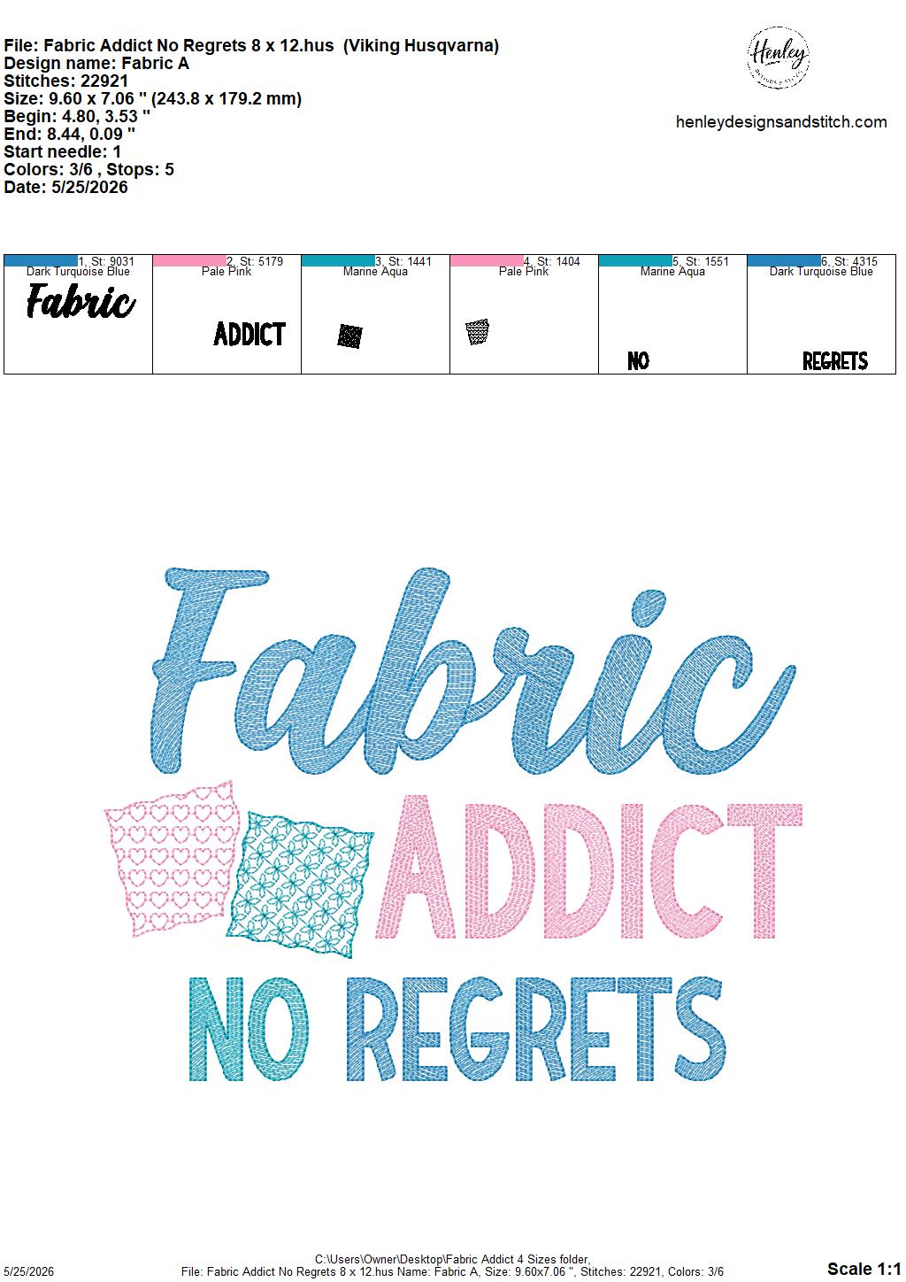Sketch Fabric Addict - No Regrets - 4 x 4, 5 x 7, 6 x 10 and 8 x 12 - DIGITAL Embroidery Design