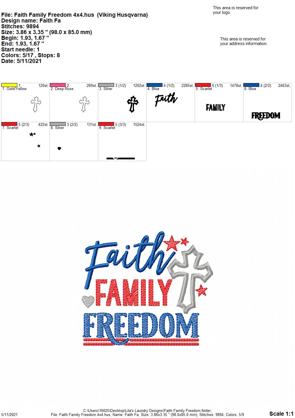 Faith Family Freedom - 4 sizes- Digital Embroidery Design