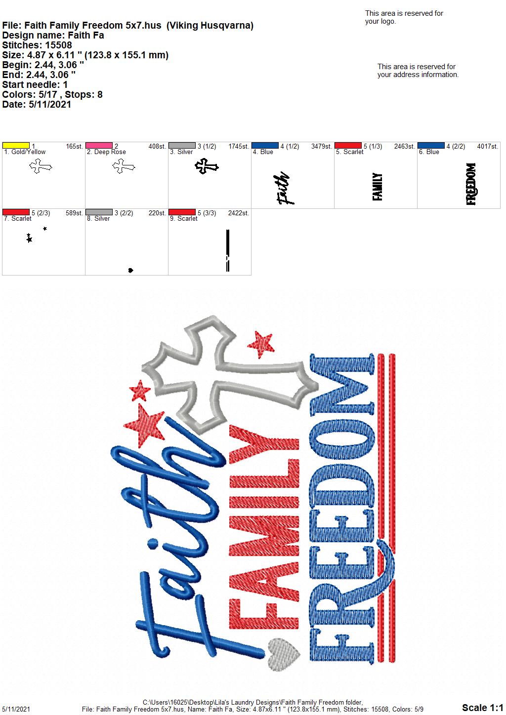 Faith Family Freedom - 4 sizes- Digital Embroidery Design