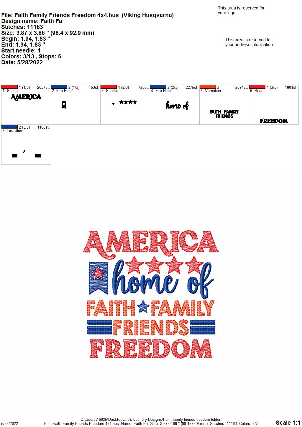 Faith Family Friends Freedom - 4 sizes- Digital Embroidery Design
