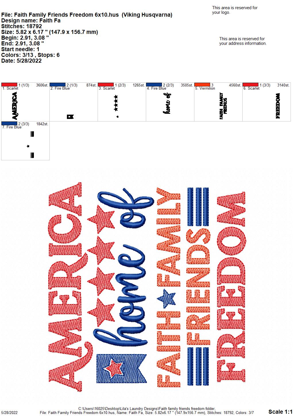 Faith Family Friends Freedom - 4 sizes- Digital Embroidery Design