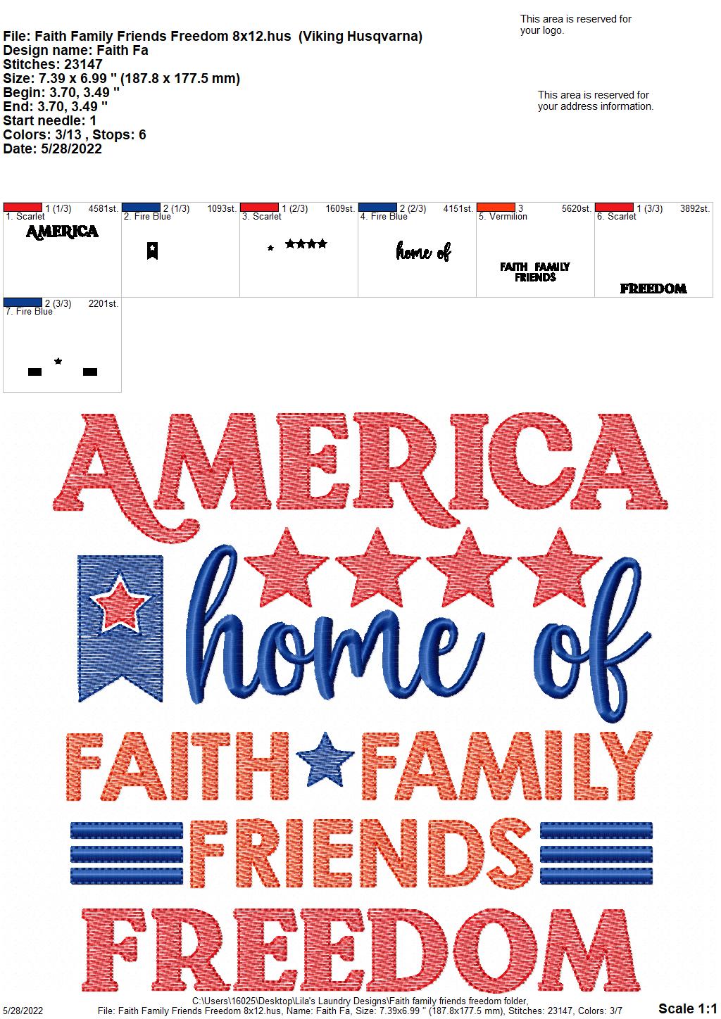 Faith Family Friends Freedom - 4 sizes- Digital Embroidery Design