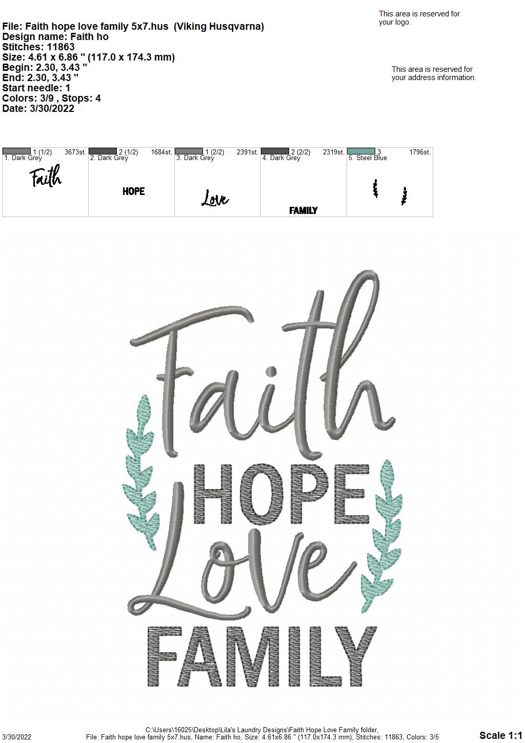 Faith Hope Love Family - 3 sizes- Digital Embroidery Design
