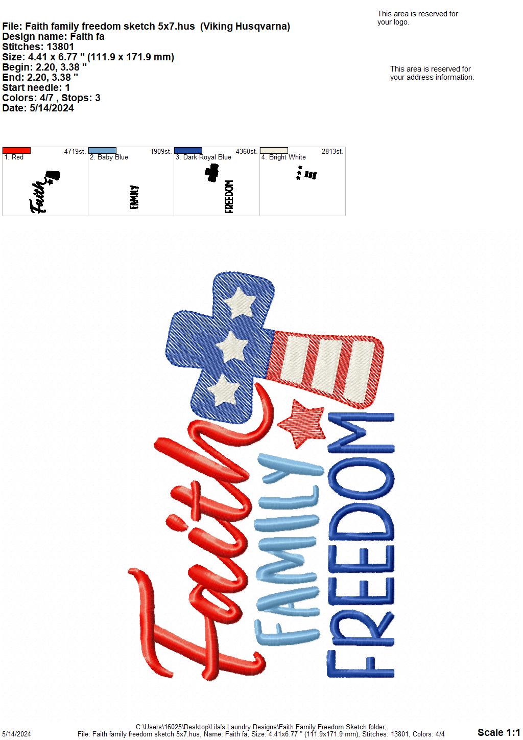 Faith Family Freedom Sketch - 3 Sizes - Digital Embroidery Design