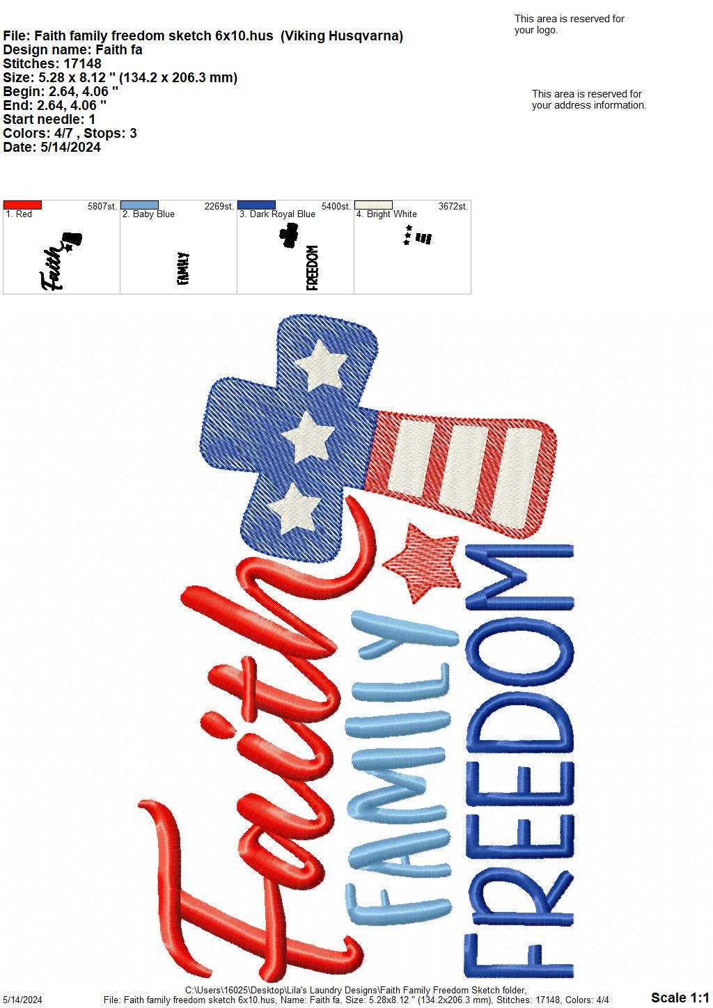 Faith Family Freedom Sketch - 3 Sizes - Digital Embroidery Design
