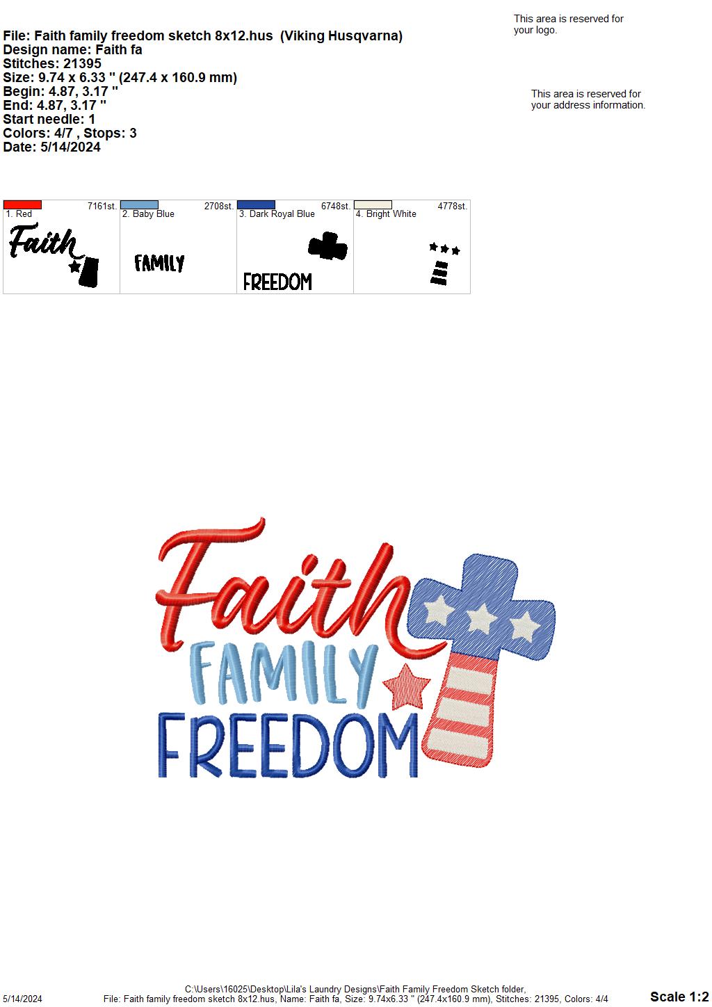 Faith Family Freedom Sketch - 3 Sizes - Digital Embroidery Design