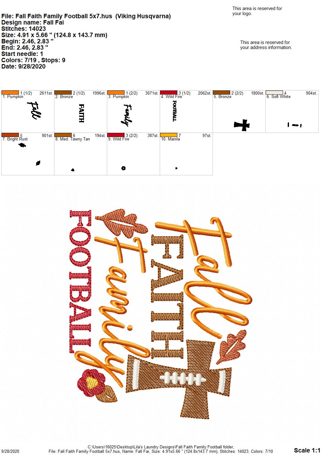 Fall Faith Family Football - 2 Sizes - Digital Embroidery Design
