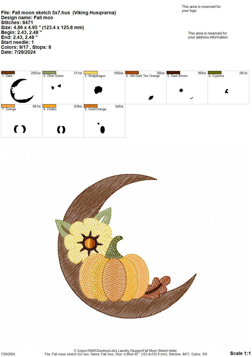 Fall Moon Sketch - 3 Sizes - Digital Embroidery Design